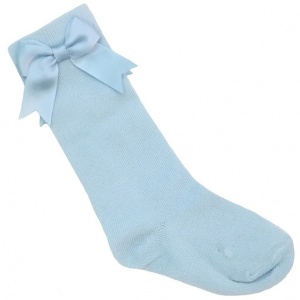 Girls Baby Blue Knee Length Satin Bow Socks